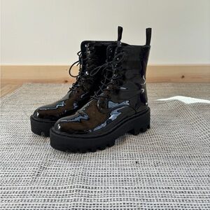 LaModa Black Patent Leather Combat Boots